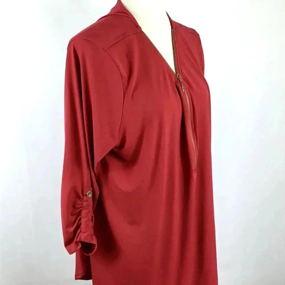 Women's Red Tunic Top Zenana Outfitters 3X Gold 1/3 Zip Popover Ruched Stretchy - Picture 4 of 11